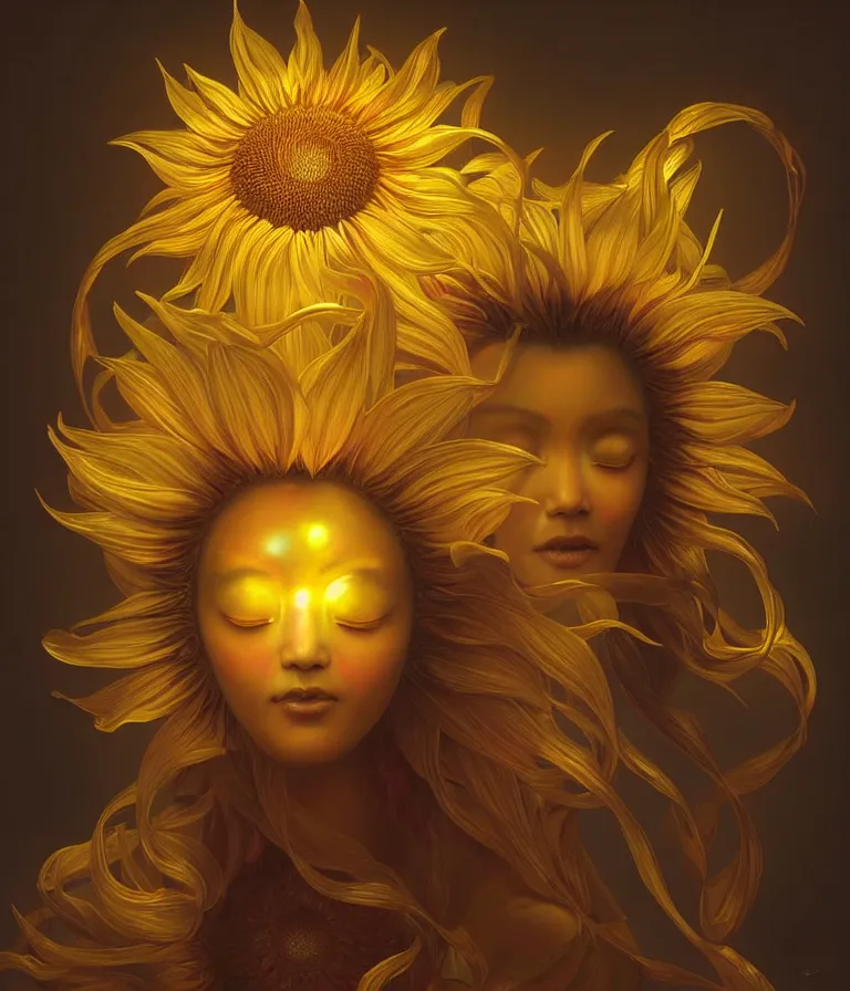 Image similar to iridescent portrait of the sunflower goddess, a Chinese deity that is guided by the sun and brings happiness and light onto the world. hard surface modelling. bio luminescent, halo around the head. neon lighting. artwork by jarold Sng by artgerm, by Eddie Mendoza, by Peter Mohrbacher by Tooth Wu, unreal engine, octane render, cinematic light, high details, iridescent colours, dichroic, macro, 4l