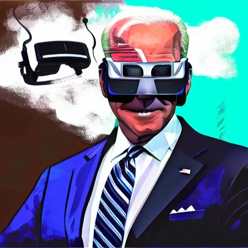 Image similar to : president biden wearing vr goggles, digital art, illustration, art station