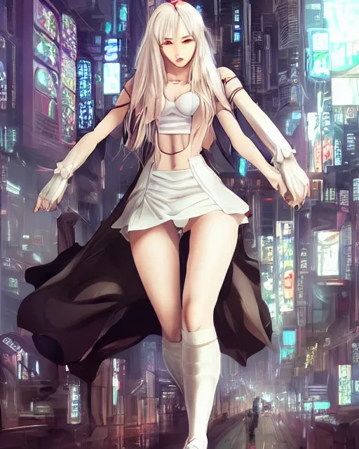 Image similar to The successful warrior is the average man, with laser-like focus, artwork by artgerm, anime, cyberpunk streets in Japan, elegant, seductive, long white hair, knee high socks, short plaid skirt, white blouse, full shot, wide-shot, long-shot, fantasy, mystical, magical
