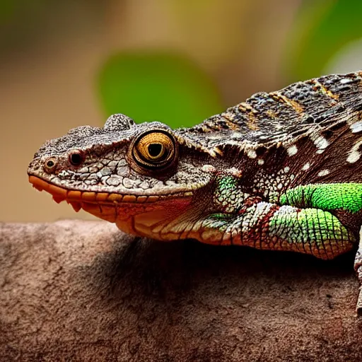Image similar to An award winning photo of Tokay crocodile chameleon facing the camera, cute, environmental portrait, wildlife photography, National Geographic, 4k