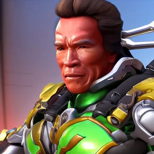 Image similar to a screenshot of arnold schwarzenegger as genji in overwatch, detailed, hyper realistic, award winning photo