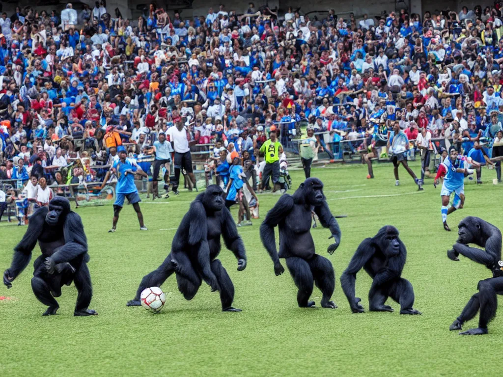 Prompt: gorillas playing a soccer in a stadium full of people, vivid