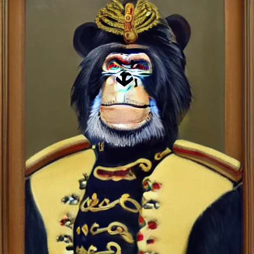 Image similar to An exquisite modern painting of a chimpanzee dressed like a bearded Napoleon with correct military uniform, no frames