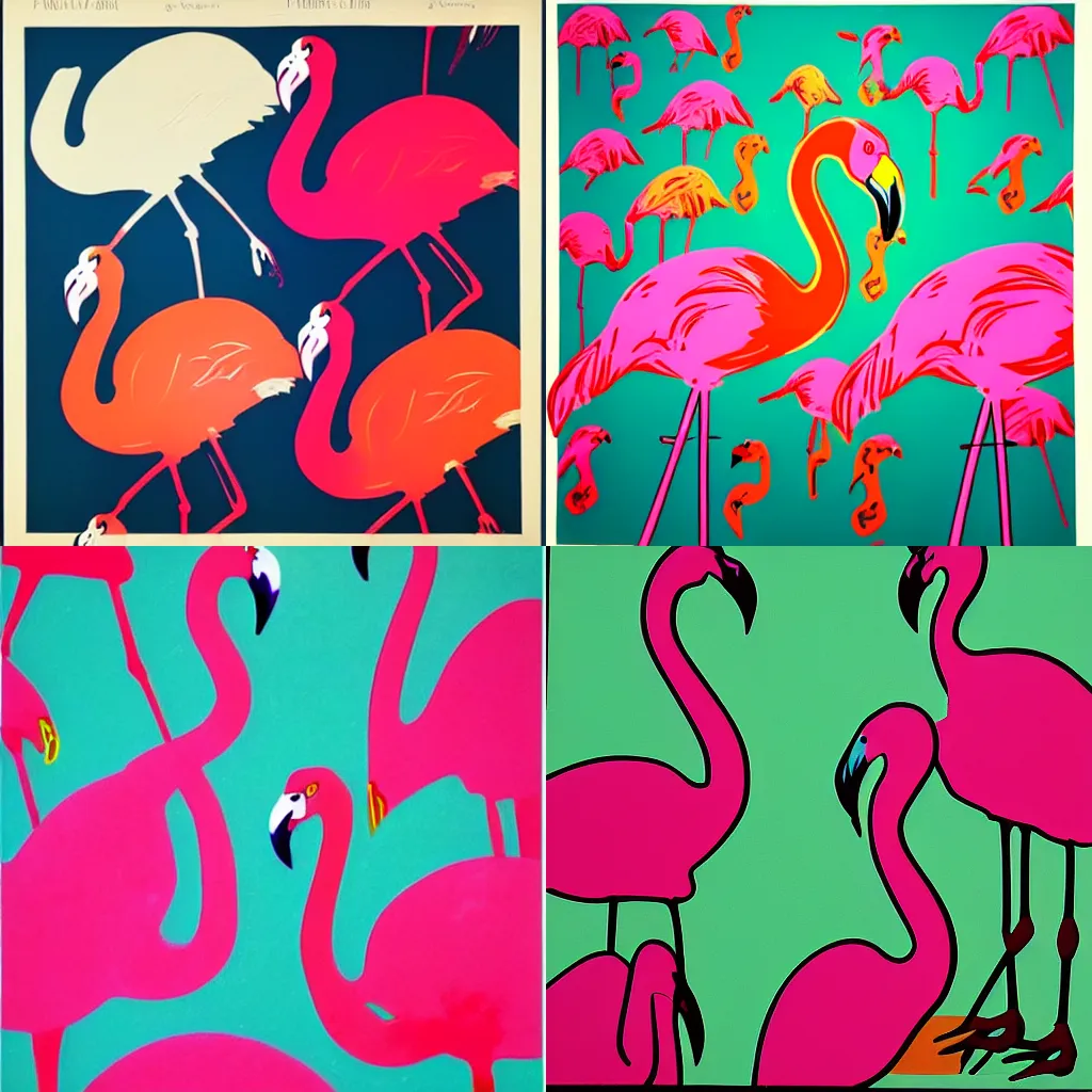 Prompt: a panel of flamingos in pop art style by andy warhol