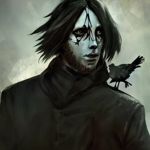 Prompt: corvo attano with a crow on his shoulder