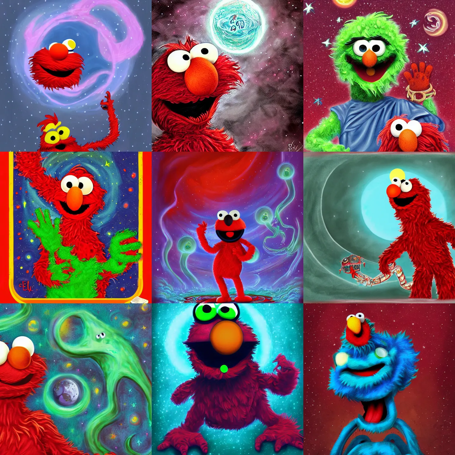 Prompt: elmo from sesame street as a cosmic horror, eldritch god, digital painting, lots of details