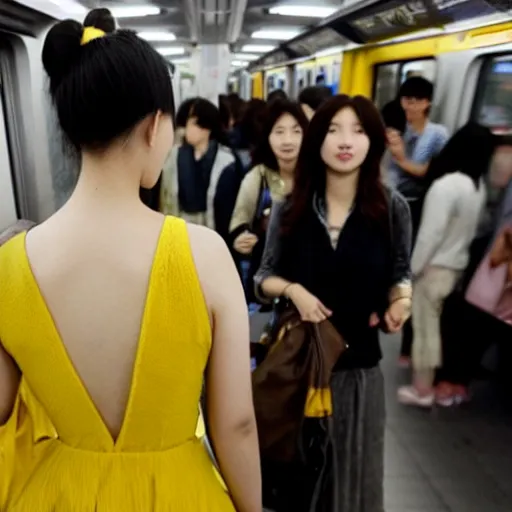 Image similar to a chinese girl with backless dress in the crowd subway train