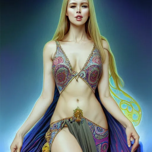 Prompt: wide angle full body portrait of I Dream of Jeannie, with a perfect face and perfect body, thin waist, pierced navel, intricate, single face, psychedelic, highly detailed, digital painting, artstation, concept art, smooth, sharp focus, illustration, Unreal Engine 5, 8K, art by artgerm and greg rutkowski and alphonse mucha