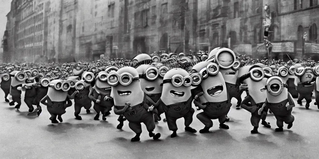 Image similar to minions from despicable me winning world war 2 and parading through berlin, hyper realistic, award winning photo, award winning, sharp focus, black and white