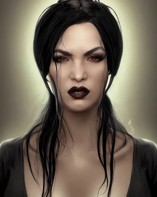 Prompt: portrait of a tall 4 0 - year - old woman with thin lips, long, lush black hair like a crown black, and thick eyebrows, wearing in black clothes, hyper realistic face, beautiful eyes, character art, art by mark brooks, hyperdetailed, cryengine, trending on artstation, digital art