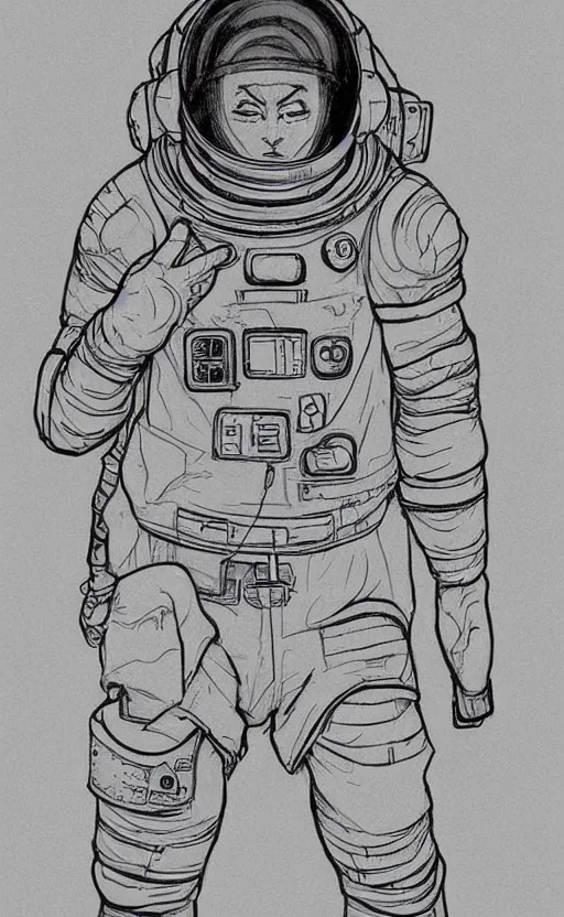 Image similar to concept art, digital art, manga drawing, full body astronaut sketch, illustration in the style of darren bartley, katsuya terada