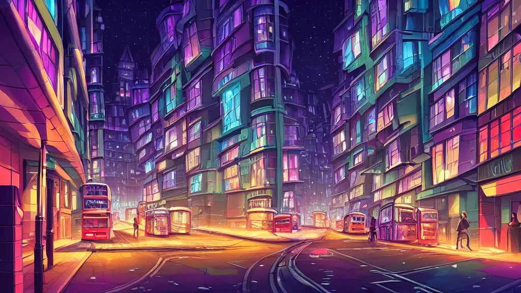 Image similar to street view of futuristic london city at night by cyril rolando and naomi okubo and dan mumford and zaha hadid. advertisements. elegant lamps. double decker bus.