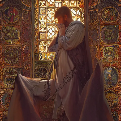 Image similar to highly detailed picture of a man with holes in his robes, religious man wearing clothes with huge rips, destroyed clothes, medieval background, mystic, d & d, fantasy, intricate, elegant, highly detailed, digital painting, artstation, concept art, smooth, sharp focus, illustration, art by artgerm and greg rutkowski and alphonse mucha