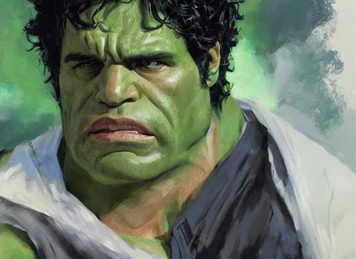 Image similar to a highly detailed beautiful portrait of mark ruffalo as the hulk, by gregory manchess, james gurney, james jean