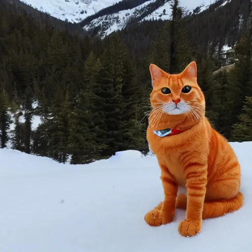 Image similar to an orange tabby cat skiing in the mountains