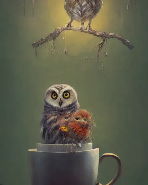 Image similar to long shot of a very cute owl chick nesting in a mug, esao andrews, humorous illustration, hyperrealistic, big depth of field, warm colors, night scenery, low light, 3 d octane render, 4 k, concept art, hyperdetailed, hyperrealistic, trending on artstation