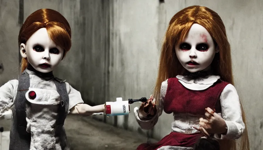 Prompt: big budget horror movie about an evil killer doll holding a syringe