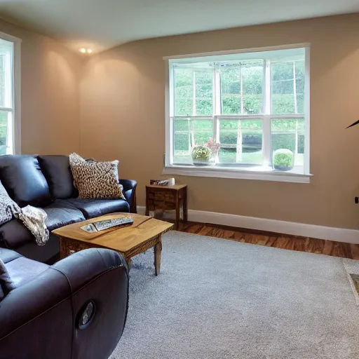 Prompt: showcase living room with recliner, bay window, table, tv