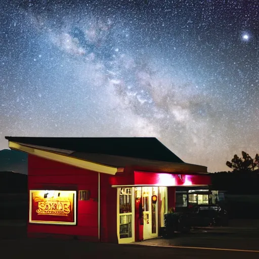 Image similar to late night diner, viewed from the outside, background milky way in the sky