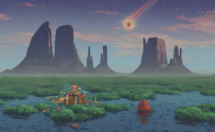 Image similar to a realistic cell - shaded studio ghibli concept art from paprika ( 2 0 0 6 ) of a cubic multi - colored rocketship from close encounters of the third kind ( 1 9 7 7 ) in a flooded monument valley stonehenge jungle jungle on a misty starry night. a camel caravan is in the foreground. very dull colors, portal, hd, 4 k, hq