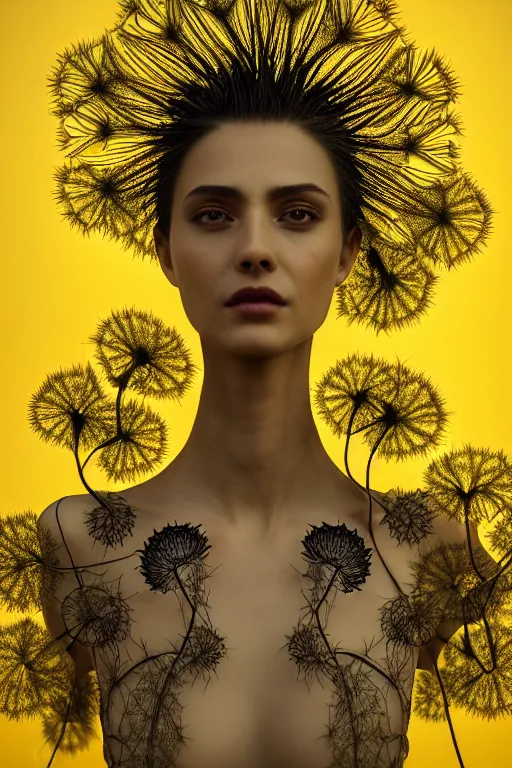 Image similar to intricate hyper detailed ultra sharp 3 d render of profile portrait, dark witch, leaves stems, unsplash model transparent fractal dandelion, moon in the background, yellow pistil filigree roots, intricate details, human face, facial features, elegant, hyper realistic, ultra detailed, octane render, volumetric cinematic lighting, 8 k post - production