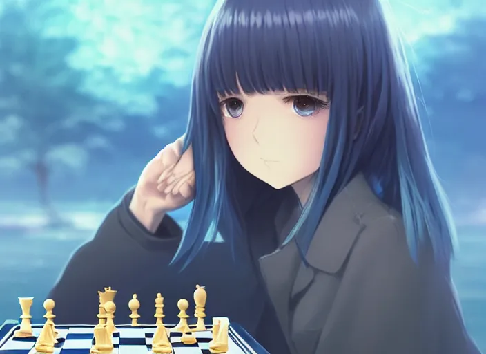 Prompt: rimuru playing chess, with gold eyes, sky blue straight hair, bangs, black jacket, high collar, concept art, award winning photography, digital painting, cinematic, by wlop, anime key visual, wlop, 8 k, by ross tran, tom bagshaw, ilya kuvshinov, andy warhol