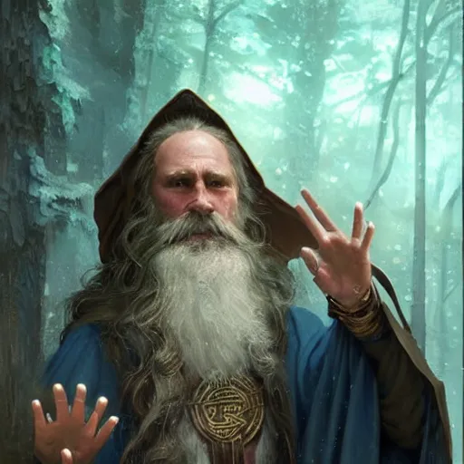 Image similar to A middle aged elf, brown hair and a raised hand, long beard, blue robes with runic symbols, detailed face, highly detailed, cinematic lighting, digital art painting by greg rutkowski.