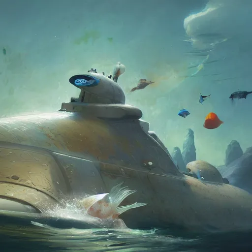 Image similar to subsurface scattering, white, giant submarine, koi colors, not koi, octane render, jesper ejsing, justin gerard, james jean, tomasz alen kopera, cgsociety, fenghua zhong, makoto shinkai, highly detailed, rim light, art, cinematic lighting, very coherent, hyper realism, 8 k