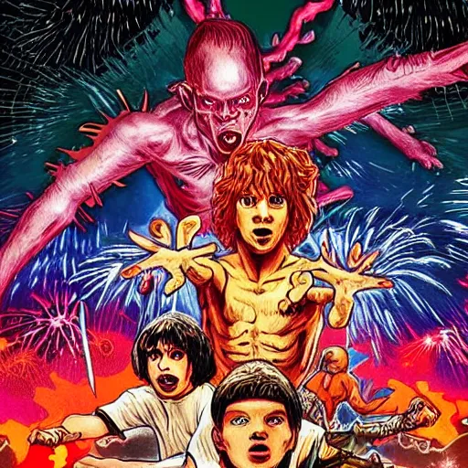 Prompt: A experimental art of two people, one a demon and the other a human, fighting each other with swords. Stranger Things by Cory Arcangel energetic