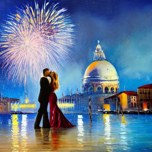 Image similar to an oil painting of couple kissing, in a background fireworks in venice