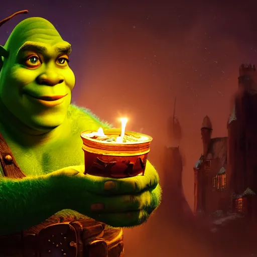 Prompt: painting of shrek, candlelight, 8 k, lens flare, atmosphere, glow, detailed, intricate, beautiful color, dungeons and dragons, dark, gritty, satanic, cinematic lighting, trending on artstation, 4 k, hyperrealistic, focused, highly detailed, unreal engine 5, cinematic, masterpiece