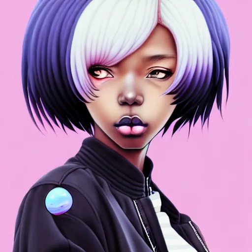 Prompt: portrait of a black anime manga girl, french bob hair, white hair, bomber jacket, by artgerm, james jean, tom bagshaw, gerald brom, vaporwave colors, lofi colors, vaporwave, lofi, goth vibe, 4 k, smooth, hd, substance designer render, full body character concept art, symmetrical, 2 point lighting,