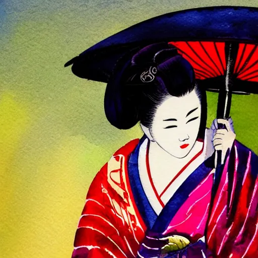 Image similar to dramatic closeup portrait of a geisha holding and umbrella in a rainstorm at dusk : dynamic lighting watercolor