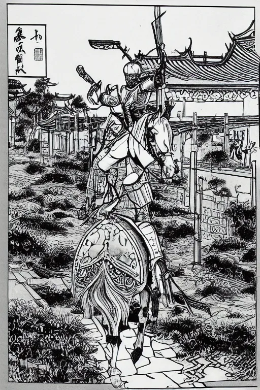 Image similar to A very detailed Chinese knight walking alone with his black horse, very detailed grand Chinese martial arts cityscape, desolate, black & white, silhouette by janus, Brian Bolland, book cover