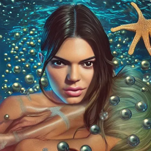 Prompt: kendall jenner portrait, fantasy, mermaid, hyperrealistic, game character, underwater, highly detailed, sharp focus, cinematic lighting, pearls, glowing hair, shells, gills, crown, water, highlights, starfish, jewelry, realistic, digital art, pastel, magic, fiction, ocean, king, colorful hair, sparkly eyes, fish, heroic, goddess, waves, bubbles, queen