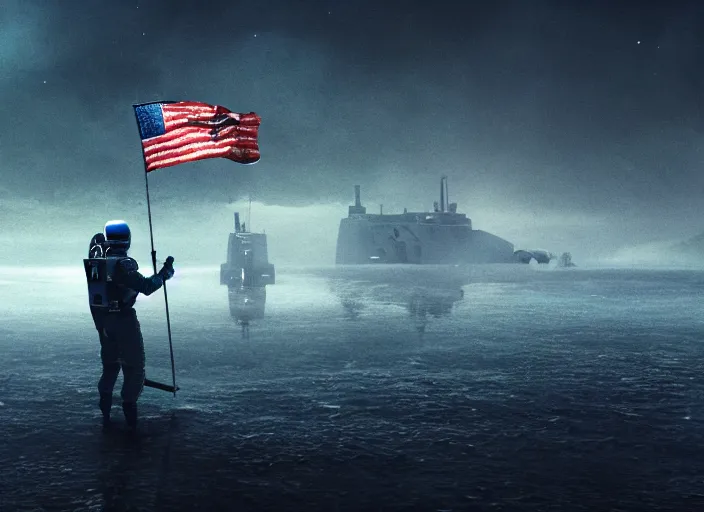 Image similar to astronaut holding a flag in an underwater desert. a submarine is visible in the distance. dark, concept art, cinematic, dramatic, atmospheric, 8 k, trending on artstation, blue, fish, low visibility, fog, ocean floor, christopher nolan, interstellar