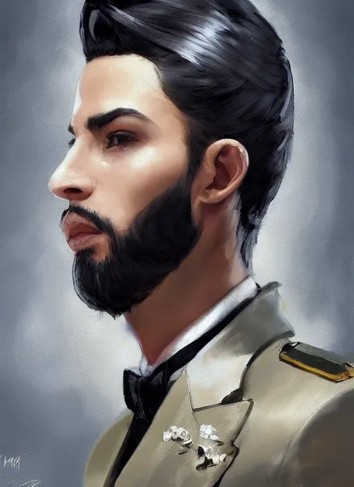 Prompt: a professional painting of a beautiful young prince, wearing an origami high fashion tuxedo, olive skin, buzzed short dark hair, beautiful bone structure, symmetrical facial features, intricate, elegant, digital painting, concept art, smooth, sharp focus, illustration, from Metal Gear, by Ruan Jia and Mandy Jurgens and Artgerm and William-Adolphe Bouguerea