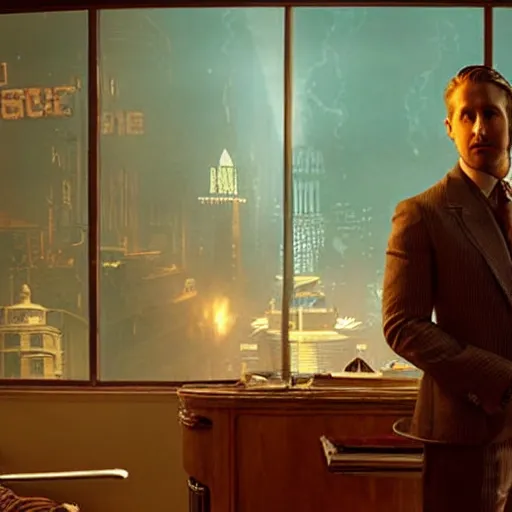 Prompt: a highly detailed cinematic photo from a live - action bioshock movie. andrew ryan, portrayed by ryan gosling, is shown standing in a 1 9 3 0's office with a large desk in front of a floor - to - ceiling window looking out onto the underwater city of rapture shining in the distance, several fish are shown outside of the window