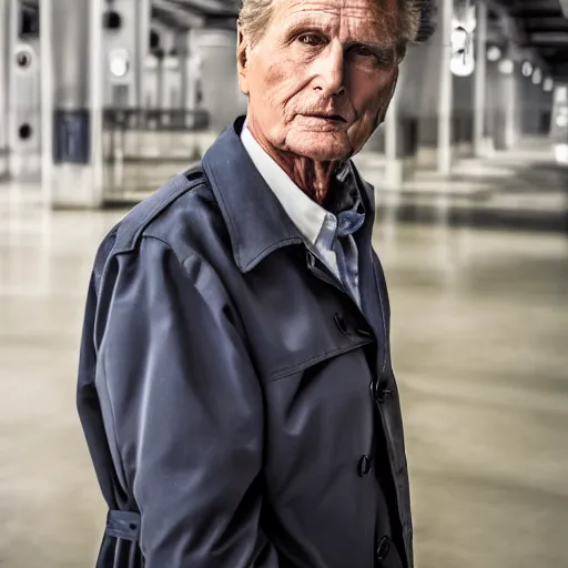 Prompt: robert stack wearing a trench coat unsolved mysteries waiting to start his work shift, ( sony a 7 r iv, symmetric balance, polarizing filter, photolab, lightroom, 4 k, dolby vision, photography awardm, voque, perfect face )