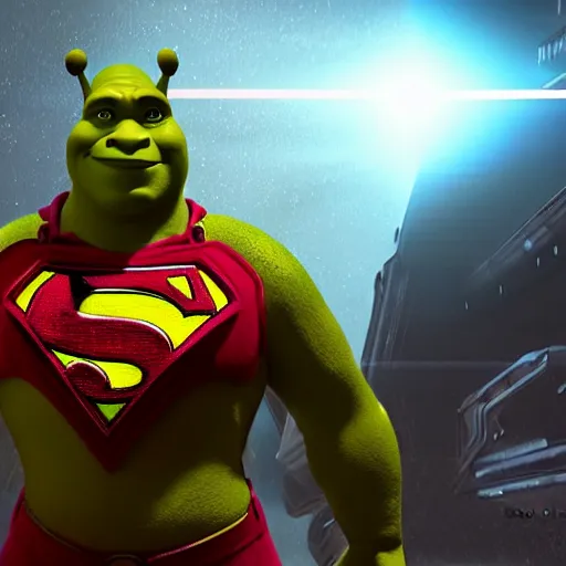 Prompt: shrek as superman! in halo 5, splash art, movie still, cinematic lighting, dramatic, octane render, long lens, shallow depth of field, bokeh, anamorphic lens flare, 8 k, hyper detailed, 3 5 mm film grain