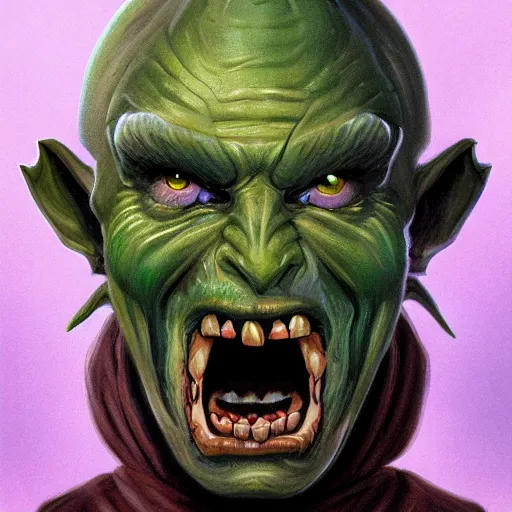 Image similar to headshot of a dnd goblin, a white clouded eye and a scar, wicked smile, greenish skin, painting in the style of boris vallejo and Jeff Easley, digital art, photoshop, trending on artstation,