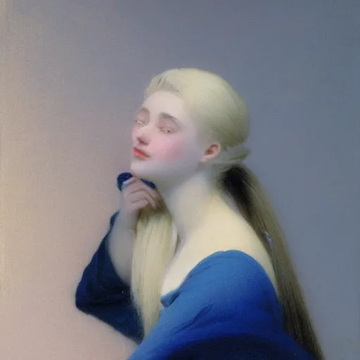 Prompt: a young woman's face, her hair is silver white and she wears an indigo blue satin cloak, by ivan aivazovsky and syd mead and moebius and gaston bussiere and roger dean and pieter claesz and paul delaroche and alma tadema and aelbert cuyp and jan heem, hyperrealistic, volumetric light, octane render