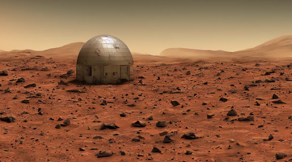 Prompt: stunning large format photograph, beautiful cinematic close detailed perspective of an abandoned domed nasa martian outpost, on mars, scattered debris, reddish brown color scheme, smooth clear blue sky, in the style of jeff wall, hazy sunlight, crisp details, visual effects and composite by ILM, 10k with post-processing