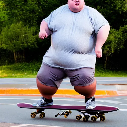 Prompt: very obese man with a t-shirt and cap with the letter P, skateboarding