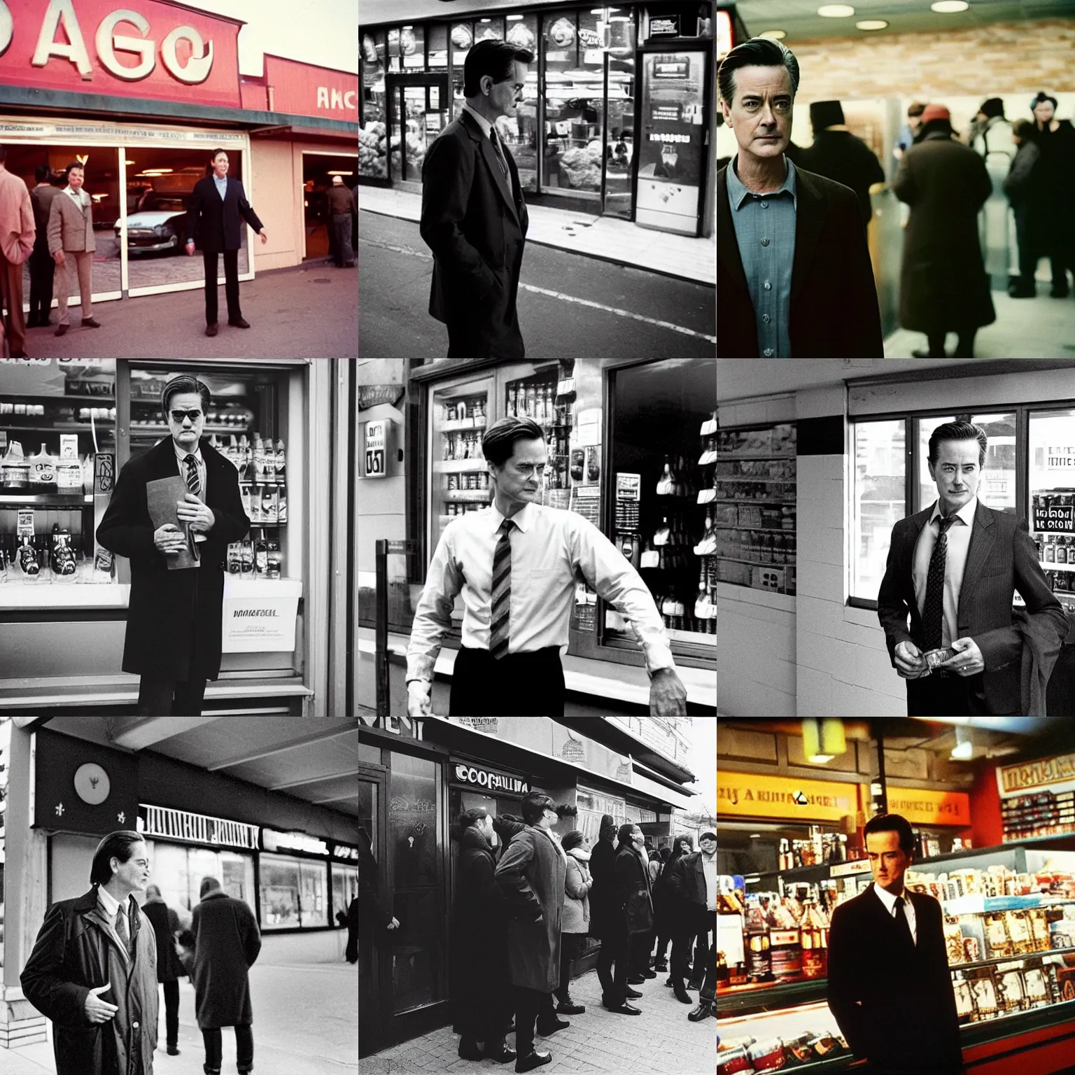 Prompt: “Kyle MacLachlan as Agent Cooper standing in queue to a liquor store in Russia, 35mm, cinematography”