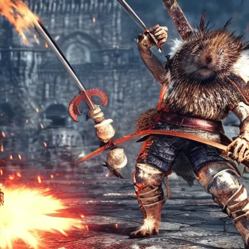 Image similar to A hamster holding a sword fighting a monster in dark souls 3