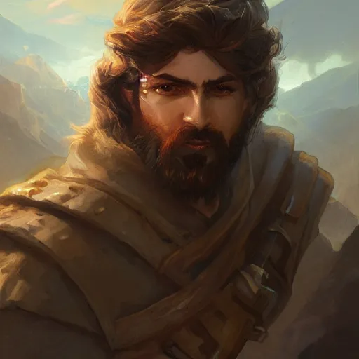 Image similar to male adventurer, painted fantasy character portrait, headshot, fantasy, highly detailed, digital painting, artstation, concept art, sharp focus, illustration, art by artgerm and greg rutkowski and alphonse mucha