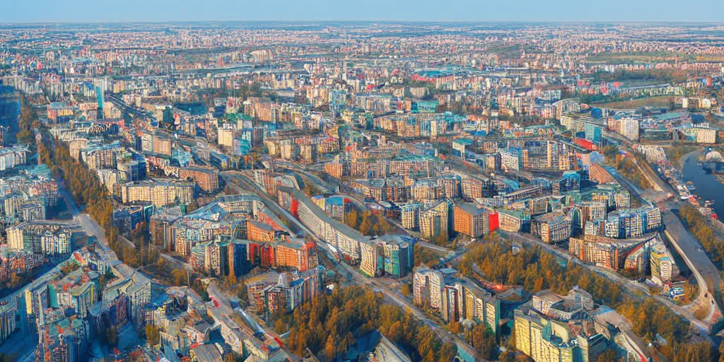 Prompt: bird's eye view photograph of a highrise Russian city, apartments, train station, pond, wide roads