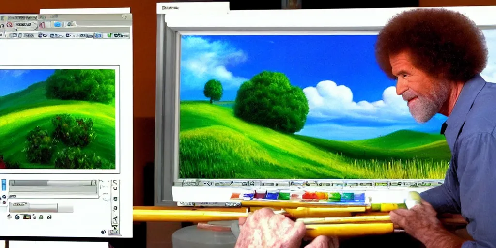 Prompt: a still of Bob Ross painting the windows xp wallpaper