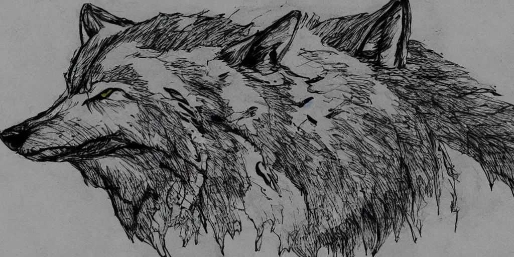Prompt: face of a wolf. in the style of a Map-style Skyrim Lord of the rings map zelda breath of the wild map, video game style drawing on parchment